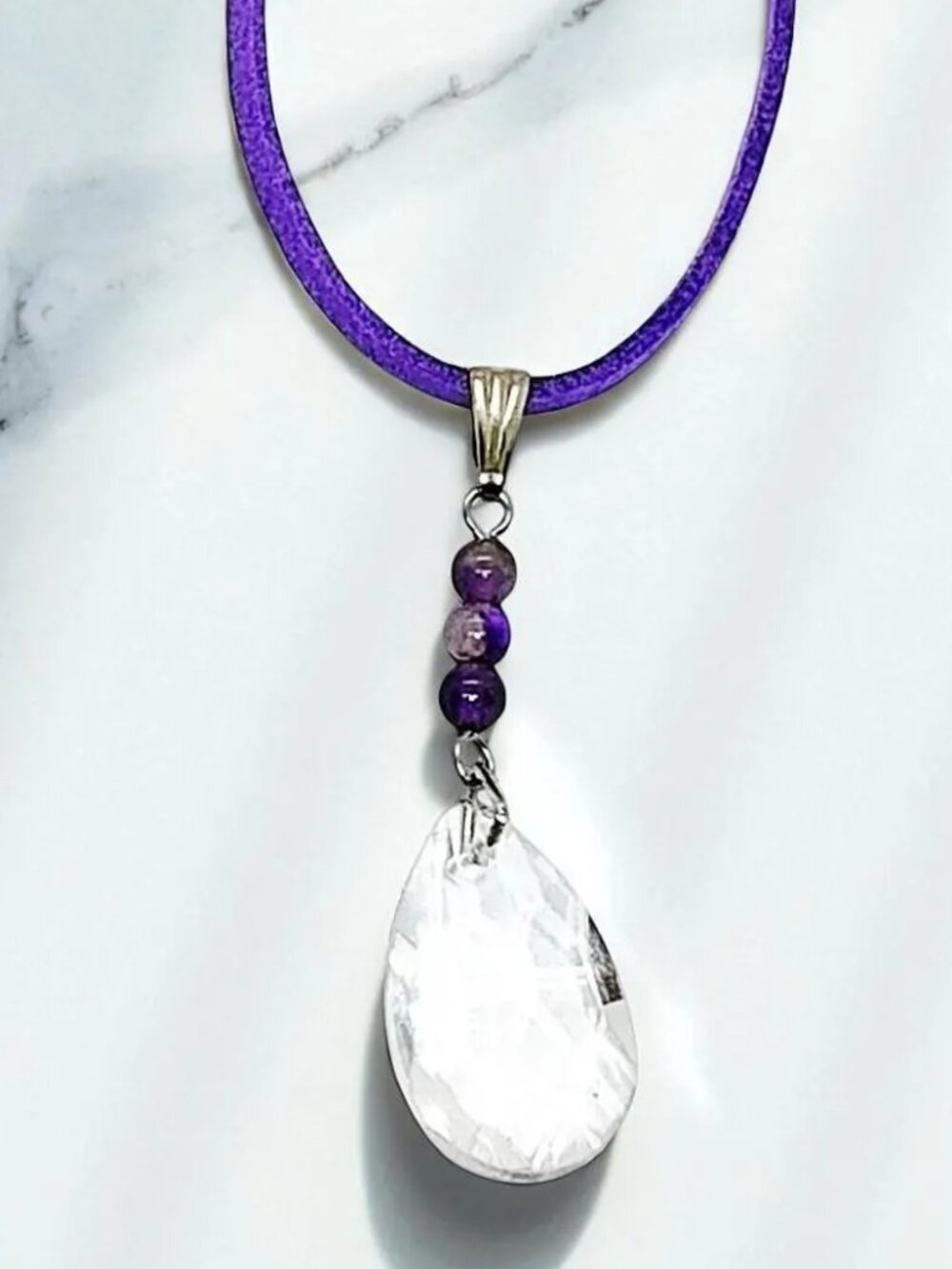 Amethyst Gemstone Crystal Pendant on Purple Suede Cord Necklace
